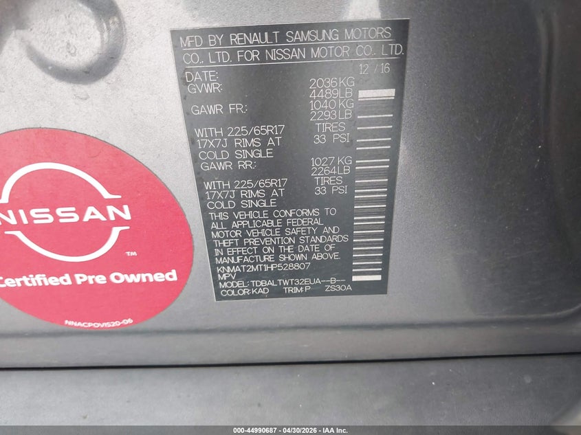 2017 Nissan Rogue VIN KNMAT2MT1HP528807 IAAI salvage auction — FRONT END, Rebuildable (Florida), sold $1,975 on 2026-07-14 (photo 9)