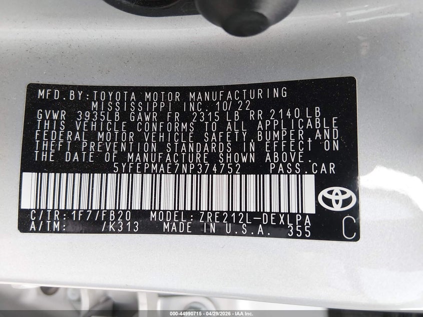 2022 Toyota Corolla VIN 5YFEPMAE7NP374752 IAAI salvage auction — FRONT END, Original (Texas), sold $8,600 on 2026-07-14 (photo 9)