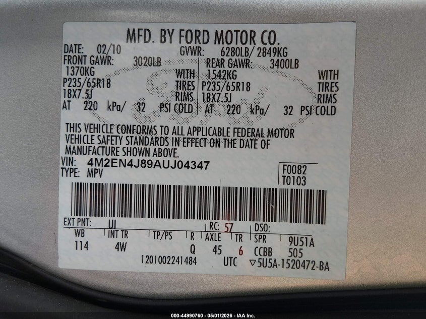 2010 Mercury Mountaineer VIN 4M2EN4J89AUJ04347 IAAI salvage auction — FRONT END, Bill Of Sale (Washington), sold $325 on 2026-07-22 (photo 9)