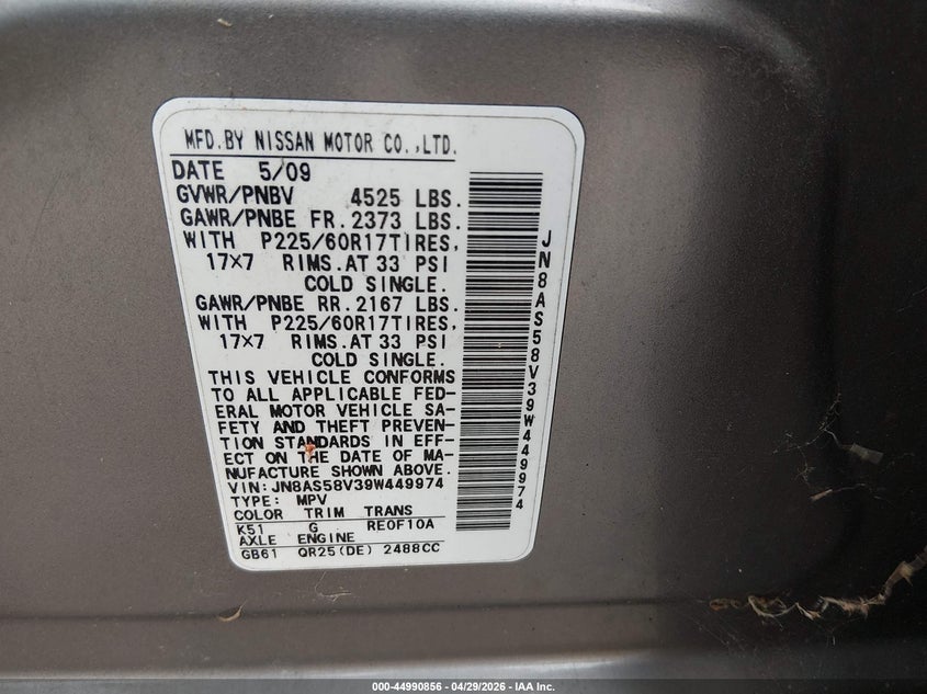 2009 Nissan Rogue VIN JN8AS58V39W449974 IAAI salvage auction — NORMAL WEAR, Salvage (Texas), sold $400 on 2026-07-09 (photo 9)