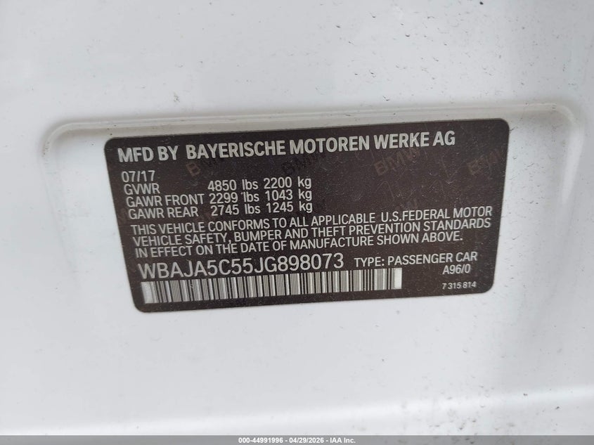 2018 BMW 5er VIN WBAJA5C55JG898073 IAAI salvage auction — ENGINE BURN, Salvage Title, sold $7,050 on 2026-07-15 (photo 9)