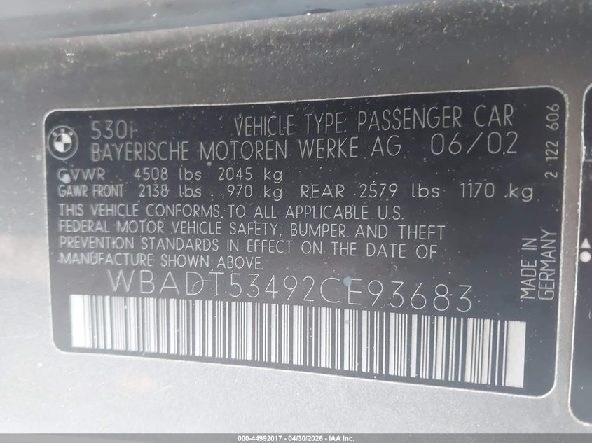 2002 BMW 5er VIN WBADT53492CE93683 IAAI salvage auction — FRONT & REAR, Salvage (Pennsylvania), sold $600 on 2026-07-21 (photo 9)