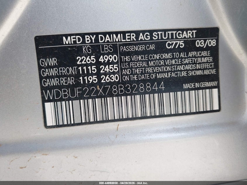 2008 Mercedes-benz VIN WDBUF22X78B328844 IAAI salvage auction — LEFT & RIGHT, Salvage (Idaho), sold $425 on 2026-07-16 (photo 9)