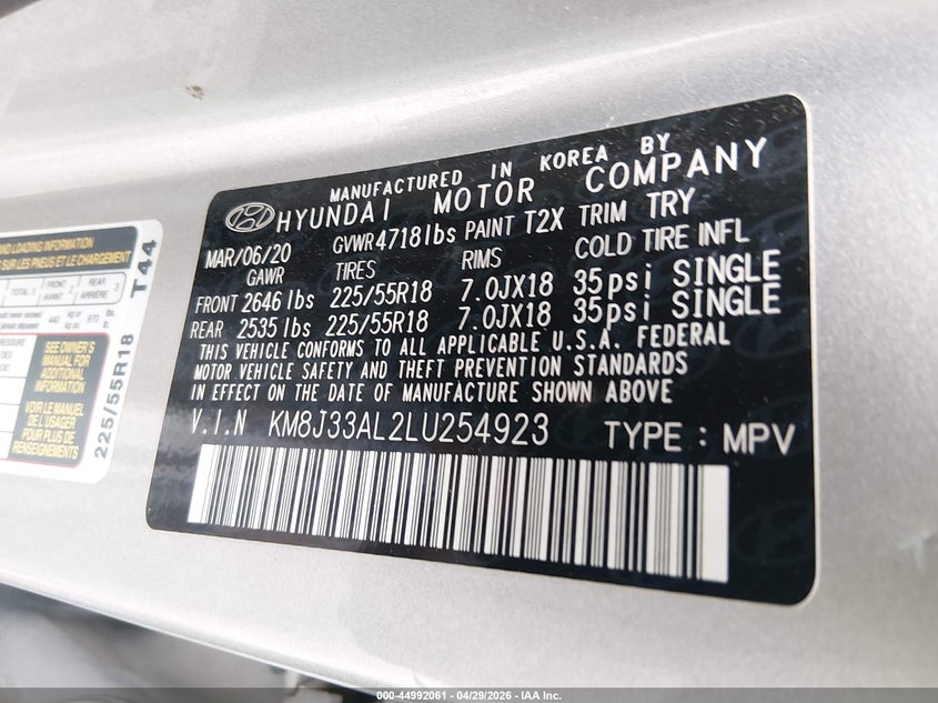 2020 Hyundai Tucson VIN KM8J33AL2LU254923 IAAI salvage auction — FRONT END, Salvage (Indiana), sold $2,950 on 2026-07-08 (photo 9)