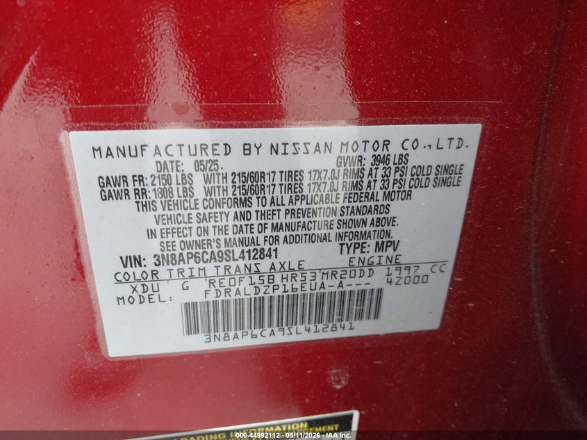2025 Nissan Kicks VIN 3N8AP6CA9SL412841 IAAI salvage auction — REAR END, Salvage (Georgia), sold $7,475 on 2026-08-19 (photo 9)
