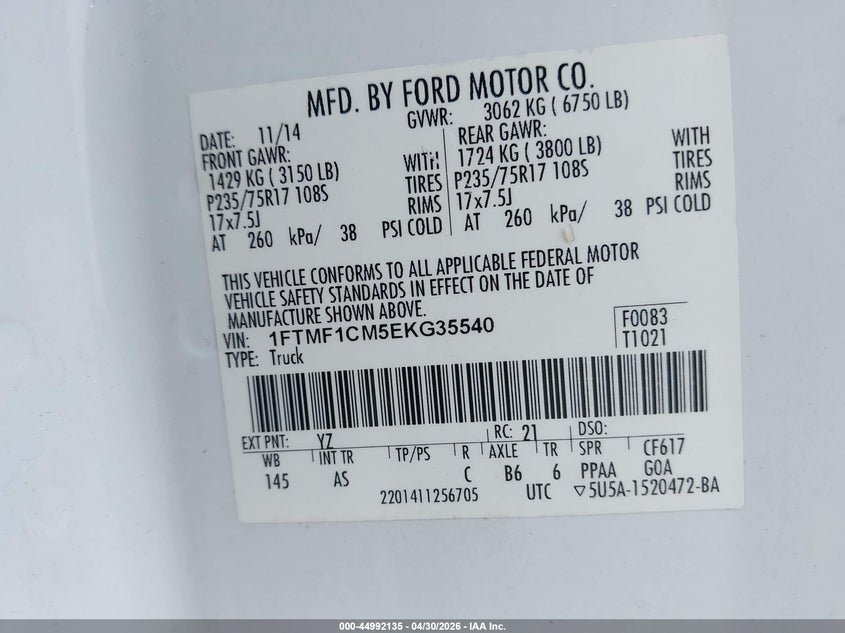 2014 Ford F-150 VIN 1FTMF1CM5EKG35540 IAAI salvage auction — FRONT END, Salvage (South Carolina), sold $1,000 on 2026-07-20 (photo 9)