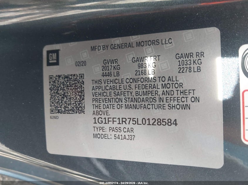 2020 Chevrolet Camaro VIN 1G1FF1R75L0128584 IAAI salvage auction — SIDE, Salvage Title, sold $8,400 on 2026-07-09 (photo 9)