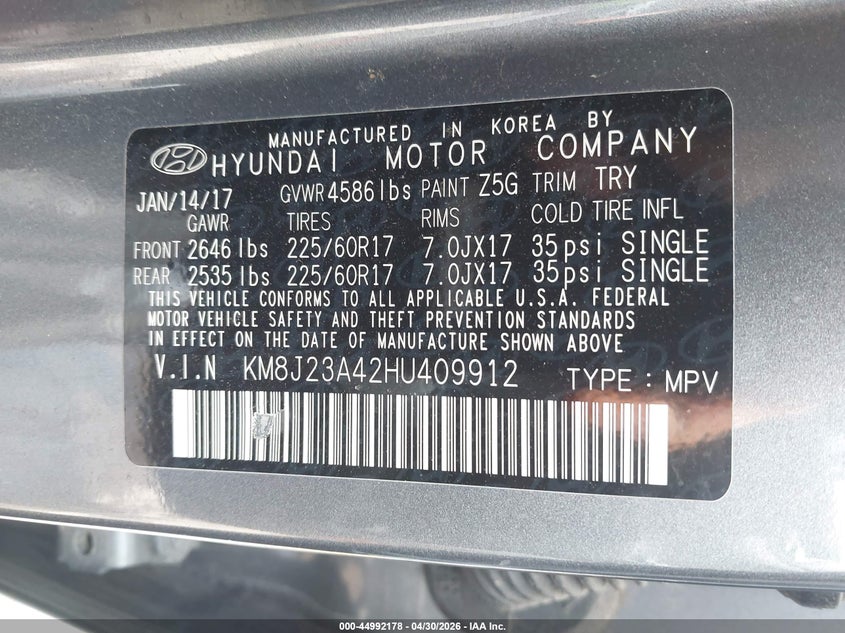 2017 Hyundai Tucson VIN KM8J23A42HU409912 IAAI salvage auction — RIGHT FRONT, Salvage (Ohio), sold $3,200 on 2026-07-14 (photo 9)