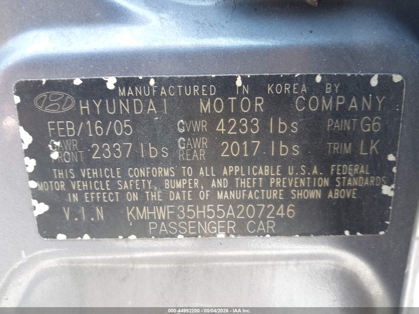 2005 Hyundai Sonata VIN KMHWF35H55A207246 IAAI salvage auction — FRONT END, Rebuildable (Florida), sold $250 on 2026-07-06 (photo 9)