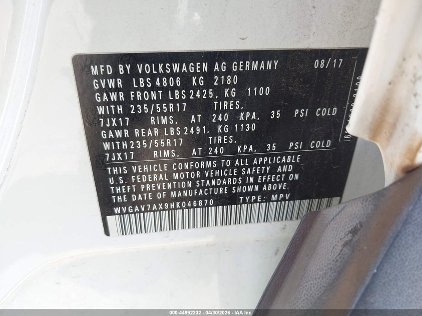 2017 Volkswagen Tiguan VIN WVGAV7AX9HK046870 IAAI salvage auction — REAR END, Salvage Certificate (California), sold $1,700 on 2026-08-19 (photo 9)