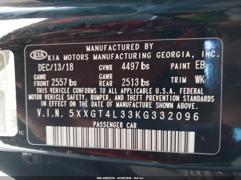 2019 Kia Optima VIN 5XXGT4L33KG332096 IAAI salvage auction — REAR END, Salvage Title, sold $2,600 on 2026-08-01 (photo 9)