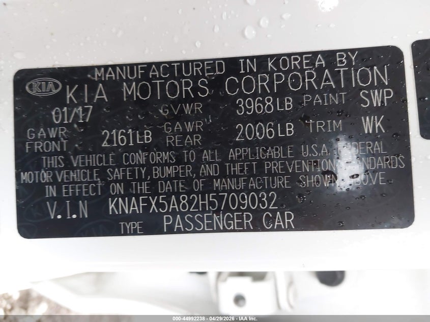 2017 Kia Forte VIN KNAFX5A82H5709032 IAAI salvage auction — FRONT END, Salvage Title, sold $1,250 on 2026-07-07 (photo 9)