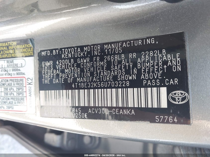 2006 Toyota Camry VIN 4T1BE32K56U703228 IAAI salvage auction — REAR END, Salvage (California), sold $475 on 2026-07-09 (photo 9)