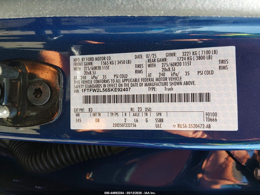 2025 Ford F-150 VIN 1FTFW2L56SKE92407 IAAI salvage auction — SIDE, Salvage (Tennessee), sold $16,700 on 2026-07-31 (photo 9)