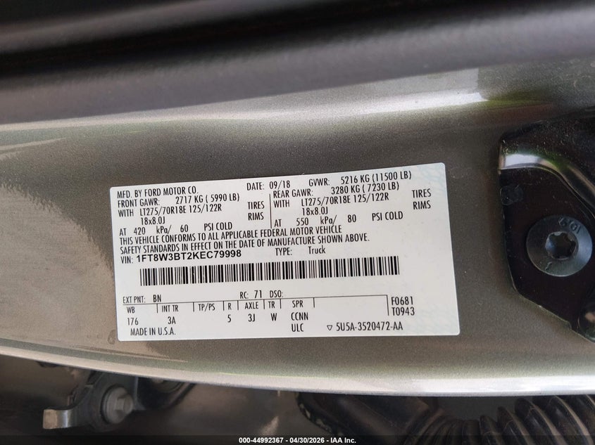 2019 Ford F350 VIN 1FT8W3BT2KEC79998 IAAI salvage auction — FRONT END, Salvage (Arizona), sold $9,100 on 2026-07-28 (photo 9)