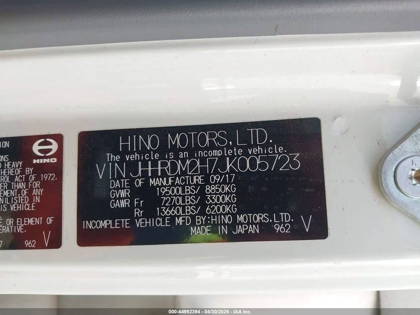 2018 Hino Xjc720/xfc720 VIN JHHRDM2H7JK005723 IAAI salvage auction — Unknown, Salvage (California), sold $2,600 on 2026-07-21 (photo 9)