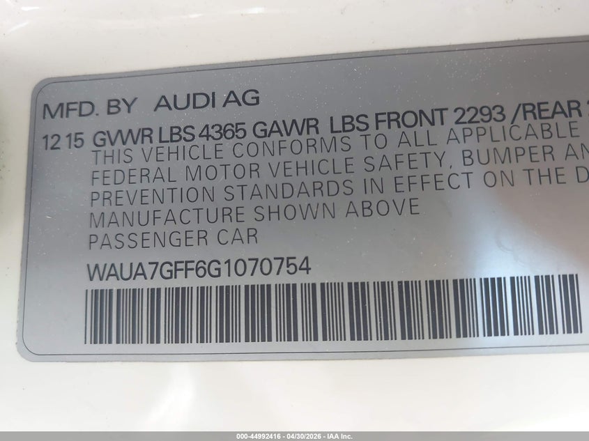 2016 Audi A3 VIN WAUA7GFF6G1070754 IAAI salvage auction — LEFT FRONT, Salvage (Tennessee), sold $1,200 on 2026-07-09 (photo 9)