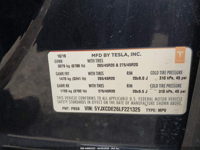 2020 Tesla Model x VIN 5YJXCDE26LF221325 IAAI salvage auction — REAR END, Salvage (Georgia), sold $9,100 on 2026-07-29 (photo 9)