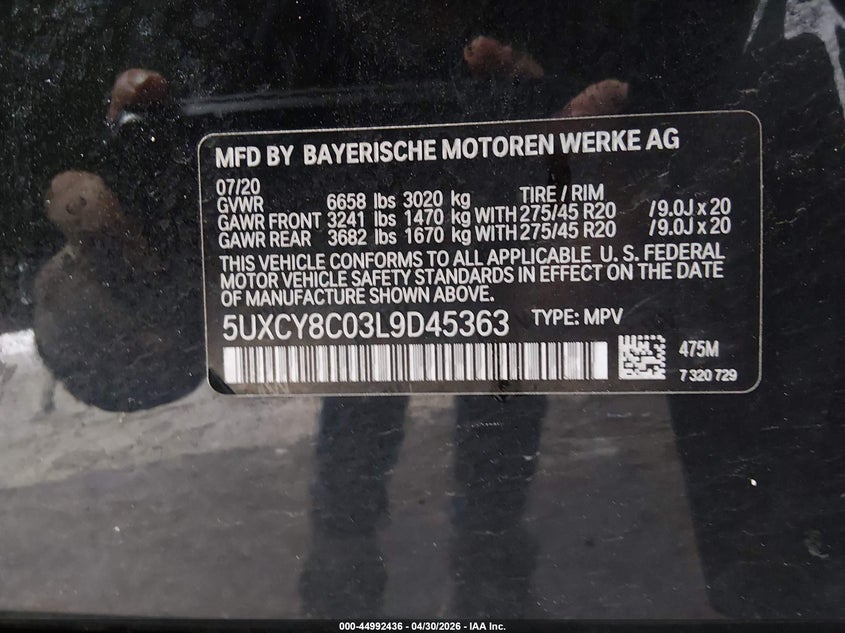 2020 BMW X6 VIN 5UXCY8C03L9D45363 IAAI salvage auction — FRONT END, Salvage (New Jersey), sold $6,500 on 2026-08-02 (photo 9)