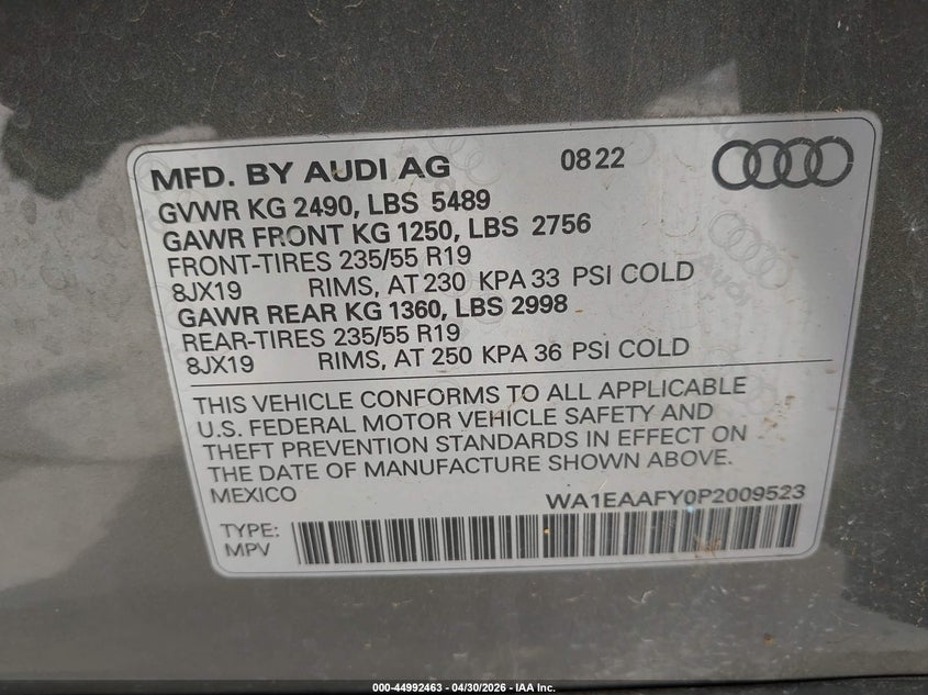 2023 Audi Q5 VIN WA1EAAFY0P2009523 IAAI salvage auction — LEFT FRONT, Original (Texas), sold $18,050 on 2026-07-20 (photo 9)