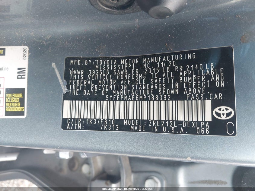 2021 Toyota Corolla VIN 5YFEPMAE6MP188392 IAAI salvage auction — RIGHT SIDE, Salvage - Greater Than 75% (Maryland), sold $3,850 on 2026-07-16 (photo 9)