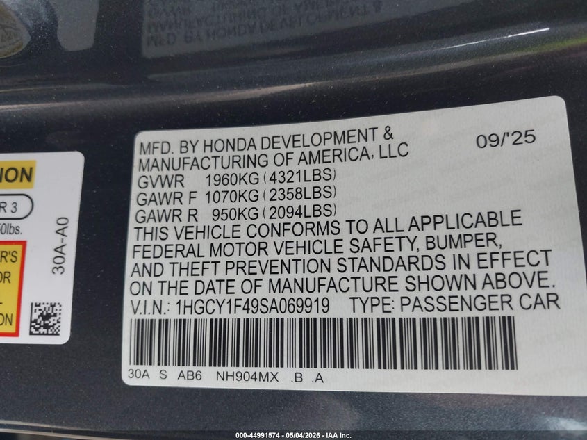 2025 Honda Accord VIN 1HGCY1F49SA069919 IAAI salvage auction — FRONT END, Salvage (Ohio), sold $9,900 on 2026-07-29 (photo 9)