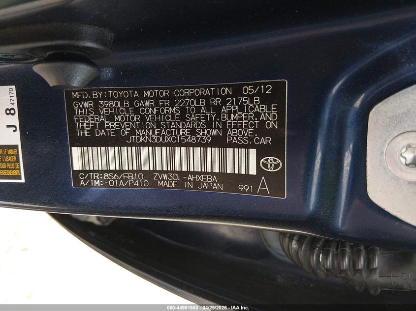 2012 Toyota Prius VIN JTDKN3DUXC1548739 IAAI salvage auction — FRONT END, Salvage (Kansas), sold $900 on 2026-08-02 (photo 9)