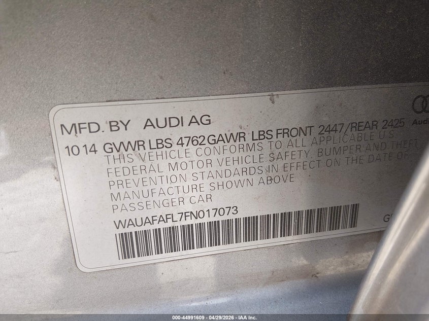 2015 Audi A4 VIN WAUAFAFL7FN017073 IAAI salvage auction — FRONT END, Salvage (Georgia), sold $1,400 on 2026-07-09 (photo 9)