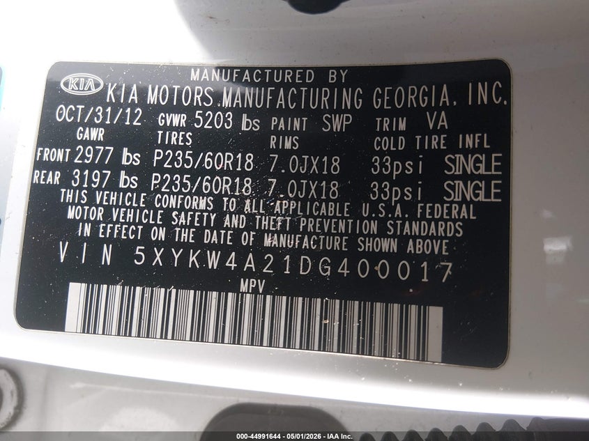 2013 Kia Sorento VIN 5XYKW4A21DG400017 IAAI salvage auction — RIGHT FRONT, Salvage - Greater Than 75% (Maryland), sold $1,800 on 2026-07-09 (photo 9)