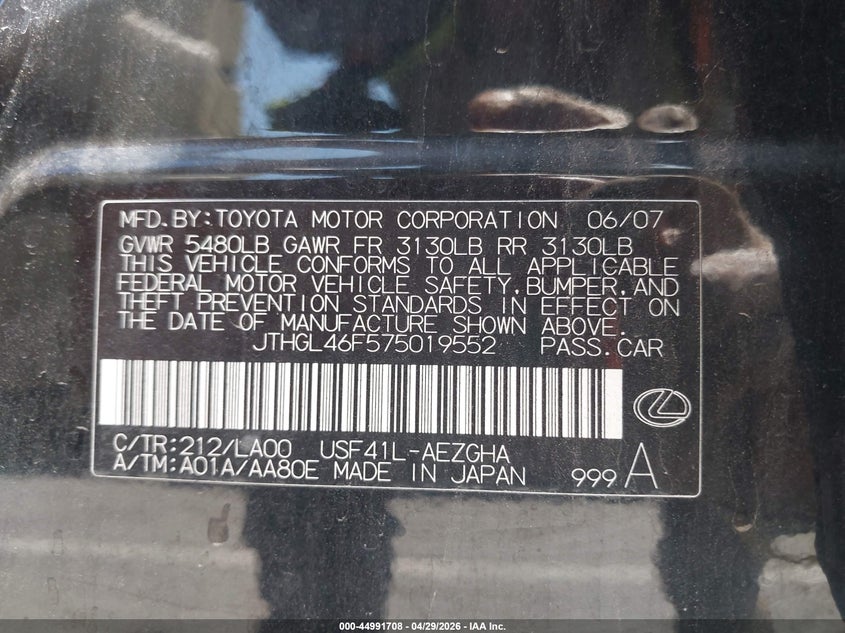 2007 Lexus Ls 460 VIN JTHGL46F575019552 IAAI salvage auction — LEFT FRONT, Salvage (Arizona), sold $950 on 2026-07-07 (photo 9)