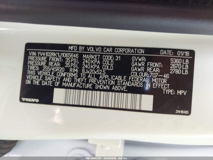 2018 Volvo Xc60 VIN YV4102RK1J1065646 IAAI salvage auction — FRONT END, Salvage (North Carolina), sold $7,700 on 2026-07-09 (photo 9)
