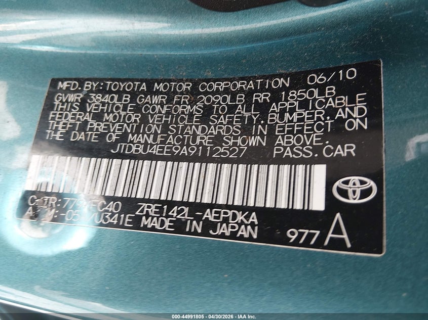 2010 Toyota Corolla VIN JTDBU4EE9A9112527 IAAI salvage auction — REAR END, Salvage (Kentucky), sold $1,150 on 2026-07-16 (photo 9)