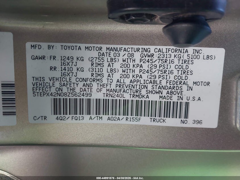 2008 Toyota Tacoma VIN 5TEPX42N08Z562499 IAAI salvage auction — FRONT END, Salvage (California), sold $5,700 on 2026-07-16 (photo 9)