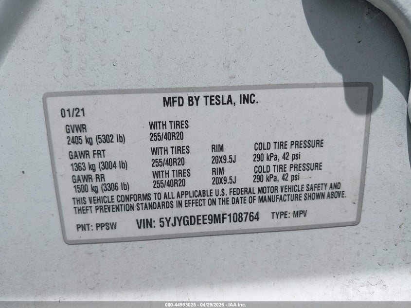 2021 Tesla Model y VIN 5YJYGDEE9MF108764 IAAI salvage auction — RIGHT SIDE, Salvage Title, sold $6,800 on 2026-07-16 (photo 9)