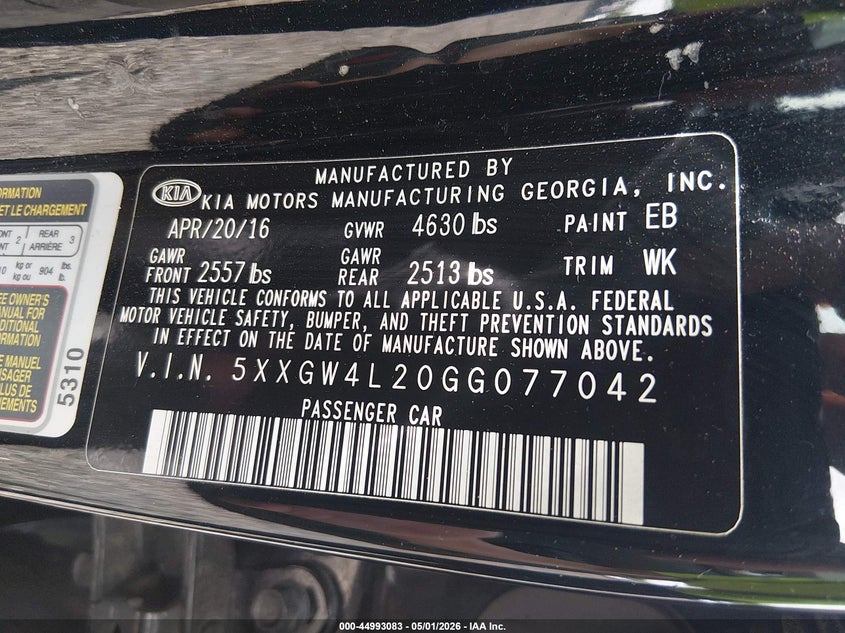 2016 Kia Optima VIN 5XXGW4L20GG077042 IAAI salvage auction — LEFT SIDE, Salvage (South Carolina), sold $1,050 on 2026-07-21 (photo 9)