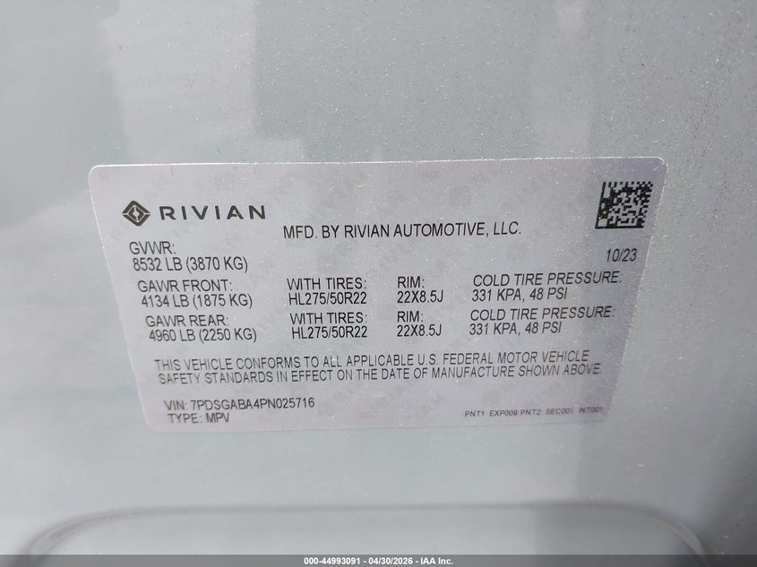 2023 Rivian R1s VIN 7PDSGABA4PN025716 IAAI salvage auction — FRONT & REAR, Salvage (North Carolina), sold $21,150 on 2026-07-09 (photo 9)