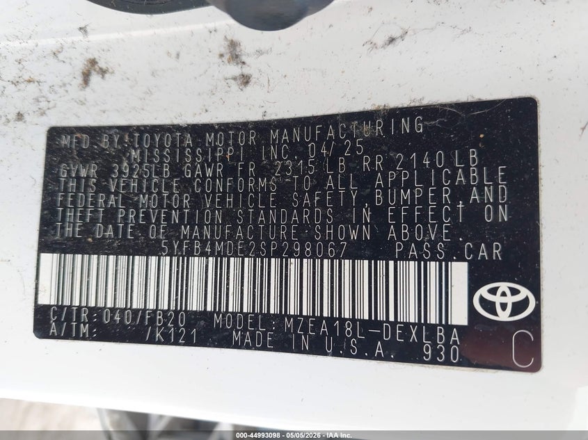 2025 Toyota Corolla VIN 5YFB4MDE2SP298067 IAAI salvage auction — LEFT & RIGHT, Salvage Title, sold $6,475 on 2026-07-16 (photo 9)