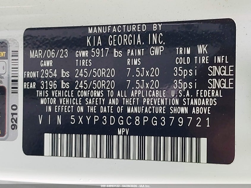 2023 Kia Telluride VIN 5XYP3DGC8PG379721 IAAI salvage auction — RIGHT SIDE, Salvage Title, sold $10,500 on 2026-07-29 (photo 9)