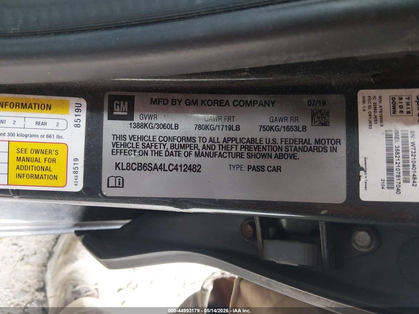 2020 Chevrolet Spark VIN KL8CB6SA4LC412482 IAAI salvage auction — ROLLOVER, Non-Repairable Certificate (West Virginia), sold $200 on 2026-07-15 (photo 9)