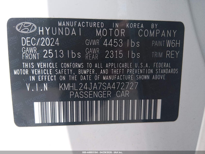 2025 Hyundai Sonata VIN KMHL24JA7SA472727 IAAI salvage auction — FRONT & REAR, Salvage (South Carolina), sold $5,050 on 2026-07-29 (photo 9)