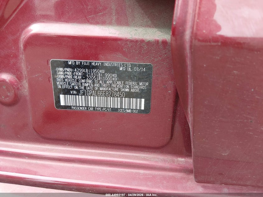 2014 Subaru Impreza VIN JF1GPAL66E8278450 IAAI salvage auction — FRONT END, Salvage Title, sold $350 on 2026-07-23 (photo 9)
