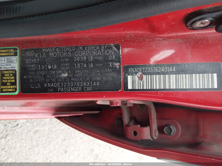 2007 Kia Rio VIN KNADE123376243144 IAAI salvage auction — REAR END, Salvage (Texas), sold $200 on 2026-07-14 (photo 9)