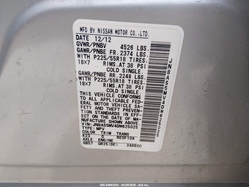 2013 Nissan Rogue VIN JN8AS5MV4DW625025 IAAI salvage auction — FRONT END, Salvage Title, sold $25 on 2026-07-28 (photo 9)