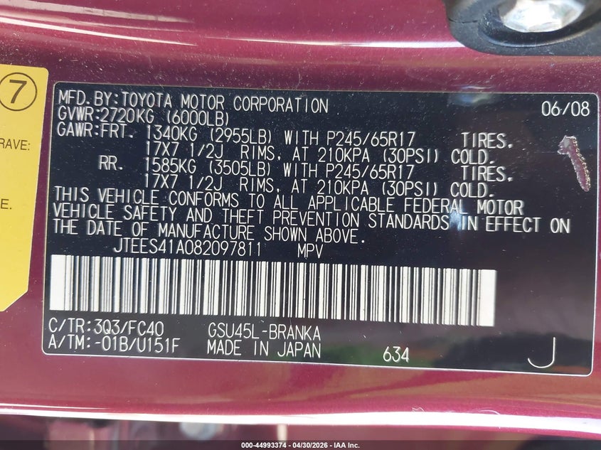 2008 Toyota Highlander VIN JTEES41A082097811 IAAI salvage auction — REAR END, Salvage (Arizona), sold $1,650 on 2026-08-01 (photo 9)