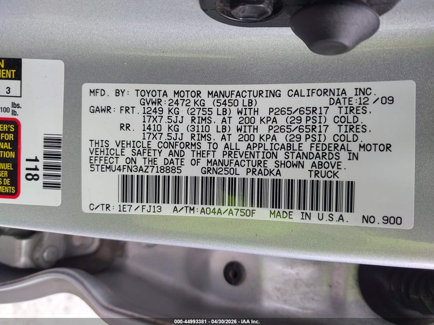2010 Toyota Tacoma VIN 5TEMU4FN3AZ718885 IAAI salvage auction — RIGHT SIDE, Original (Texas), sold $6,400 on 2026-07-08 (photo 9)