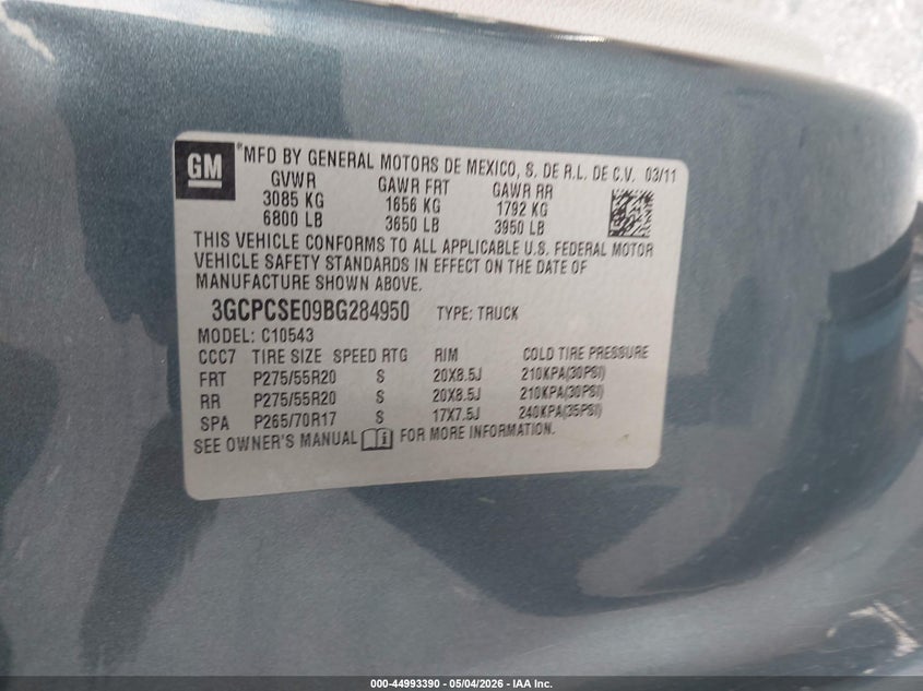2011 Chevrolet Silverado 1500 VIN 3GCPCSE09BG284950 IAAI salvage auction — FRONT END, Original (Texas), sold $3,250 on 2026-07-10 (photo 9)