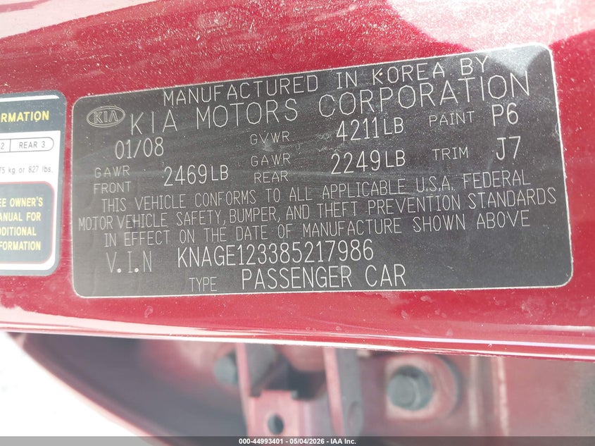 2008 Kia Optima VIN KNAGE123385217986 IAAI salvage auction — FRONT END, Salvage (Texas), sold $250 on 2026-07-21 (photo 9)