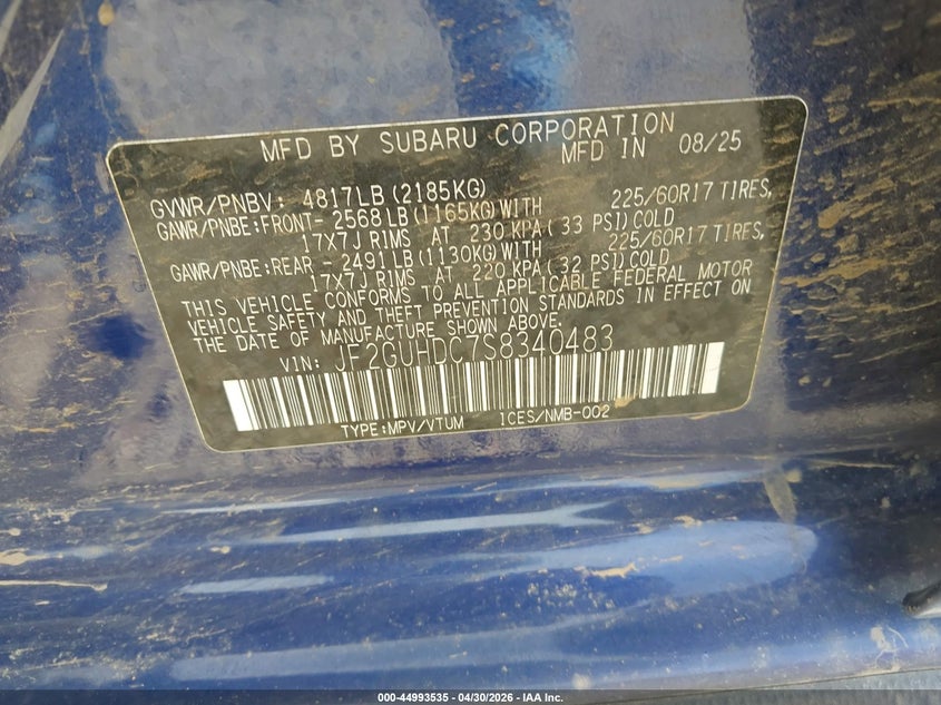 2025 Subaru Xv VIN JF2GUHDC7S8340483 IAAI salvage auction — FRONT END, Salvage (Oregon), sold $7,300 on 2026-07-13 (photo 9)