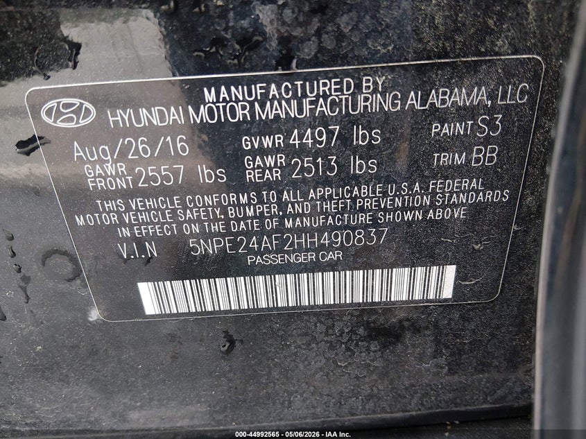 2017 Hyundai Sonata VIN 5NPE24AF2HH490837 IAAI salvage auction — THEFT, Salvage Title, sold $975 on 2026-07-09 (photo 9)