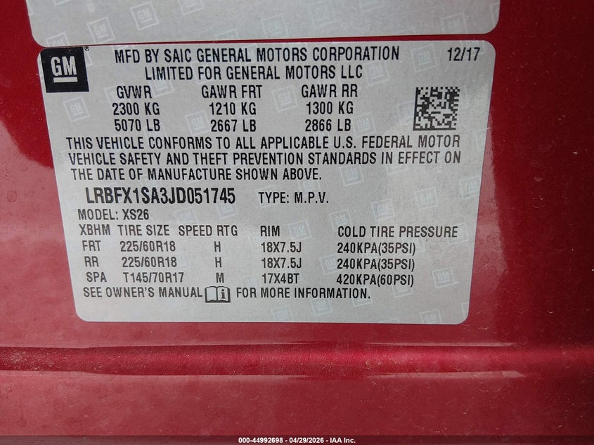 2018 Buick Envision VIN LRBFX1SA3JD051745 IAAI salvage auction — FRONT END, Salvage (Illinois), sold $1,375 on 2026-07-21 (photo 9)